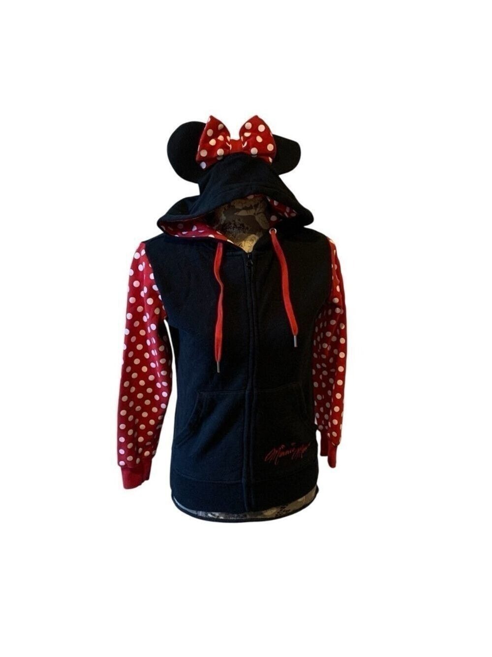 DISNEY Minnie Mouse Red and Black Polka Dot Hoodie with ears size XS